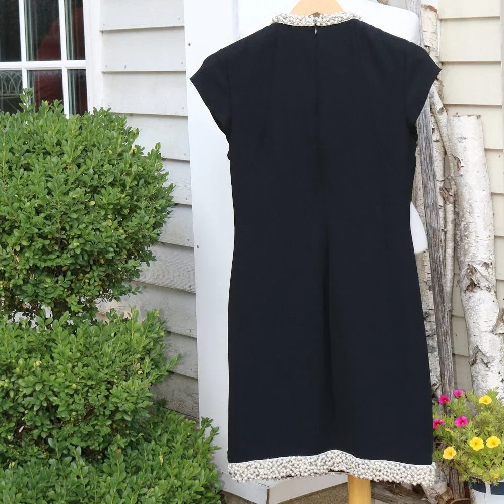 Rachel Zoe Black Pearl Trim Pleated Keyhole Neck Cap Sleeve Sheath  Dress Sz 6 - Picture 5 of 7